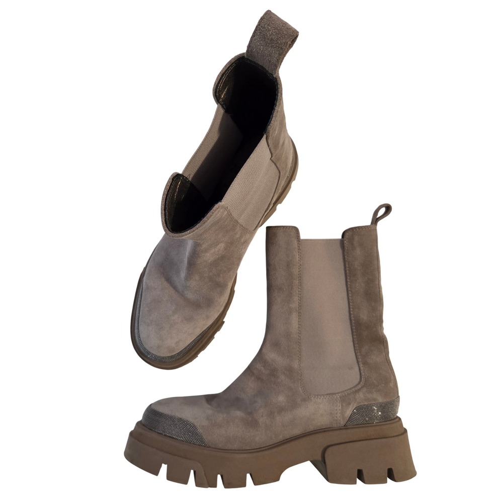 Brunello Cucinelli Suede Monili Bead Lug Sole Chelsea Boots Taupe 38 EU